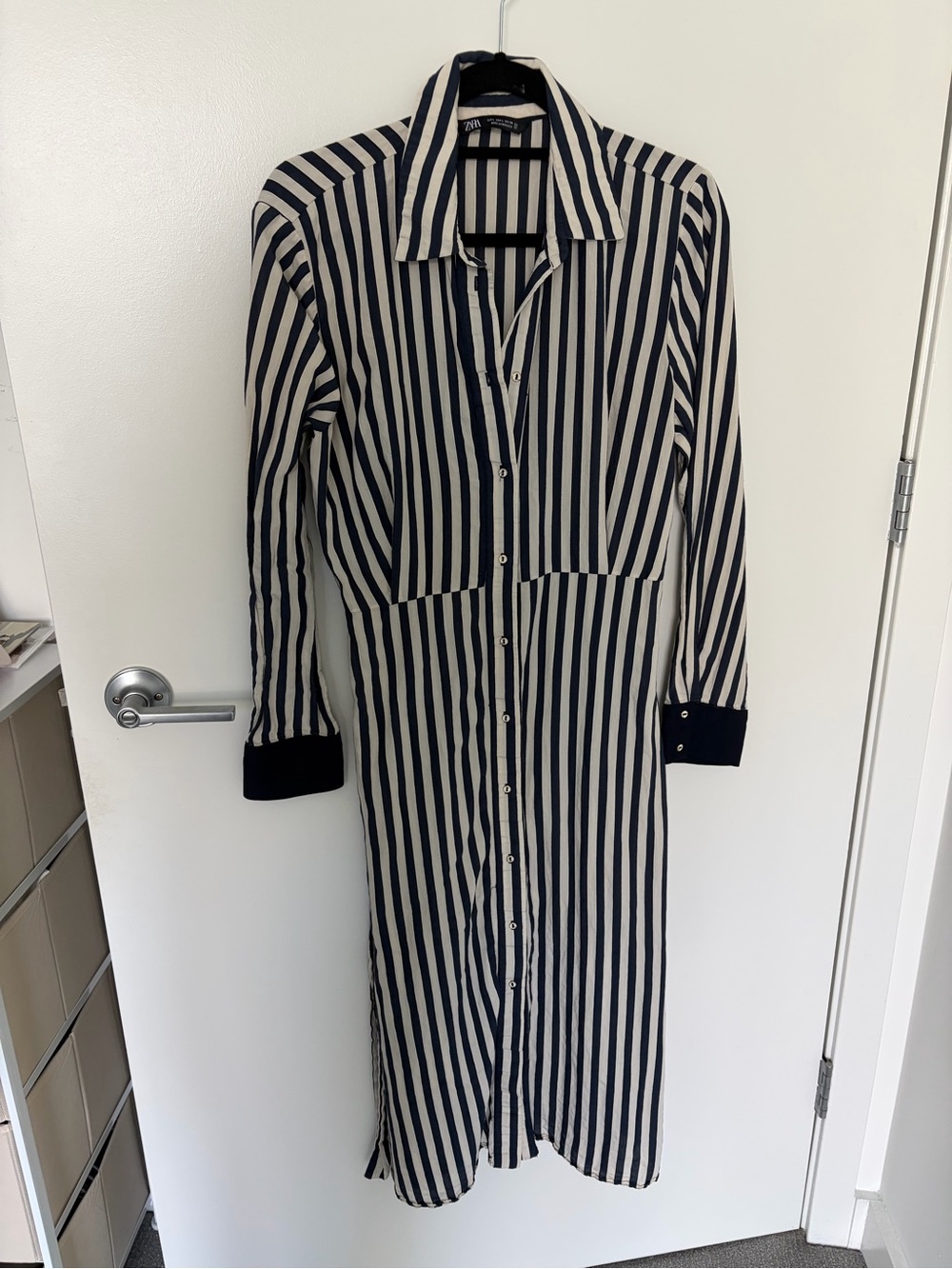 Zara Navy and White Vertical Stripe Long Sleeve Shirt Dress - Picture 3 of 4